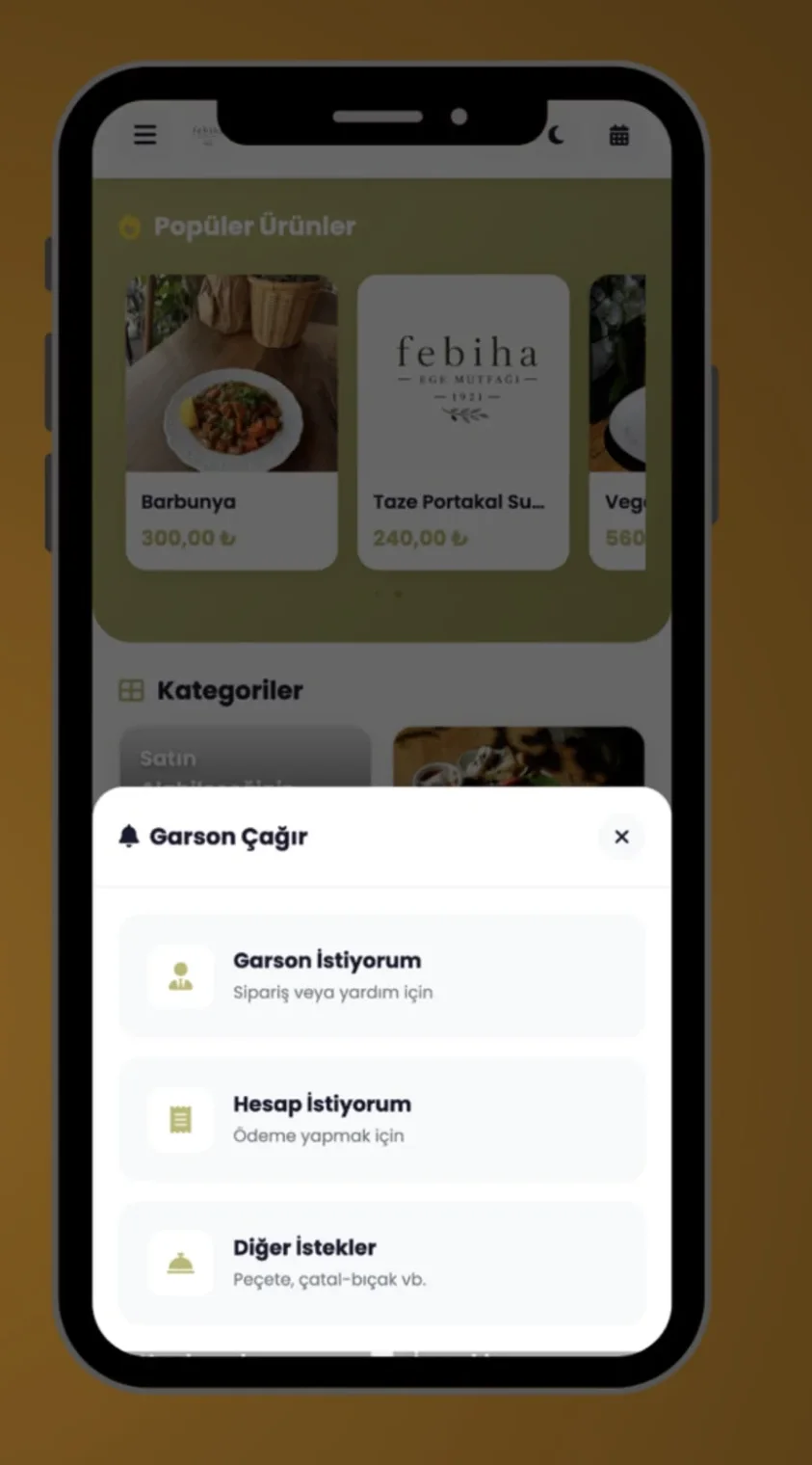 Febiha 1921 QR menüsünde Garson Çağır ekranı: garson isteme, hesap isteme ve diğer istekler