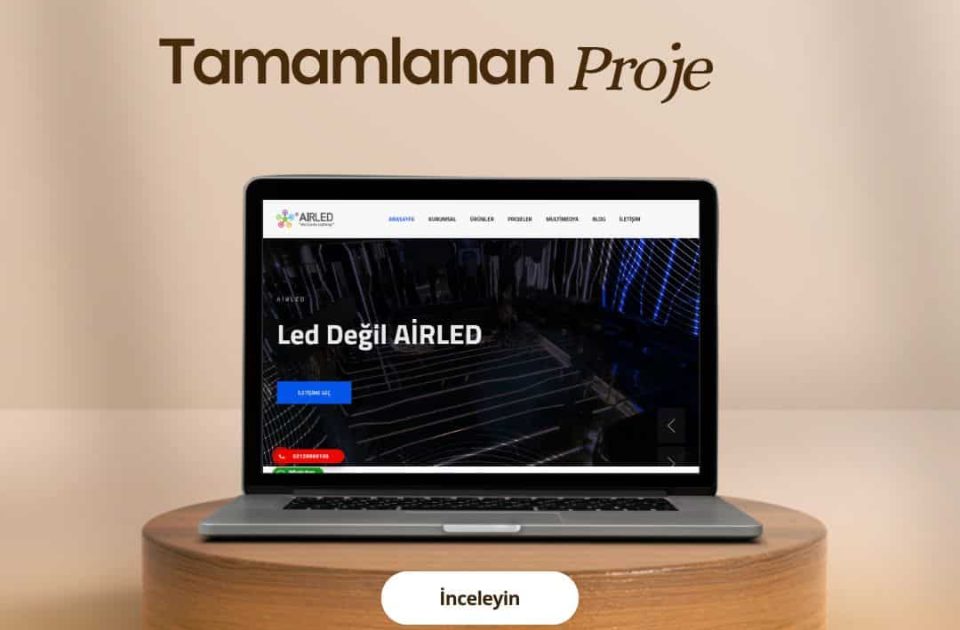 AirLED tamamlanan proje görseli – LED sistemleri web sitesi tanıtımı, laptop ekranında airled.com.tr sitesi.