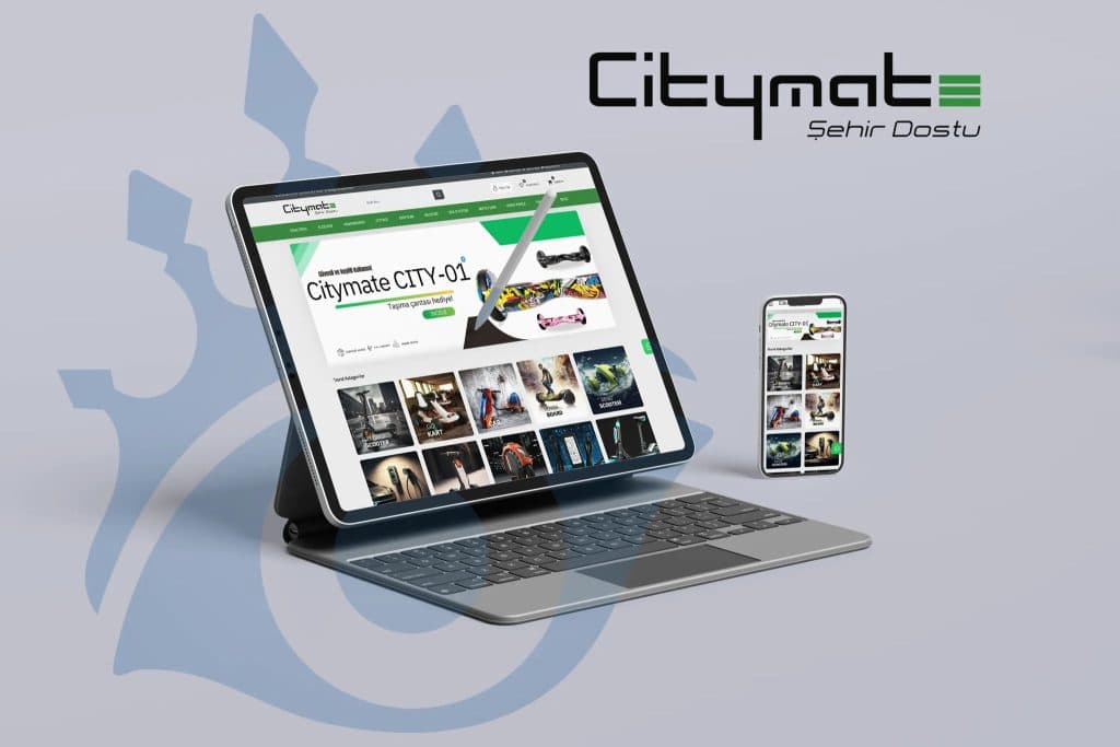 citymate elektrikli scooter e-ticaret sitesi tanıtım görseli – city-01 modeli ve ürün kategorileri tablet ve mobil ekranlarda gösteriliyor.