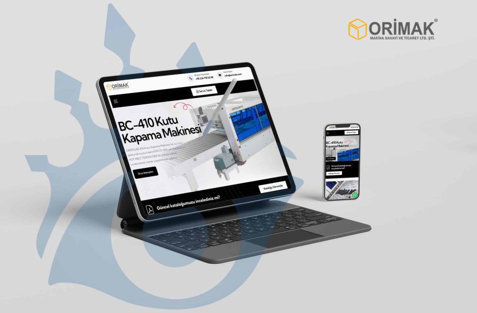 Orimak Makina web sitesi tanıtım görseli – BC-410 kutu kapama makinesi tablet ve mobil ekranlarda sergileniyor.