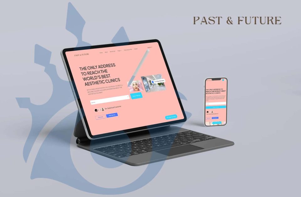 Past & Future estetik klinik rehberi web sitesi tanıtım görseli – tablet ve mobil ekranda pembe temalı kullanıcı arayüzü gösteriliyor.