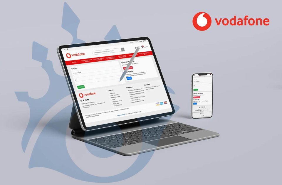 Vodafone online işlem merkezi giriş ekranı – tablet ve mobil cihazda kullanıcı paneli arayüzü gösteriliyor.
