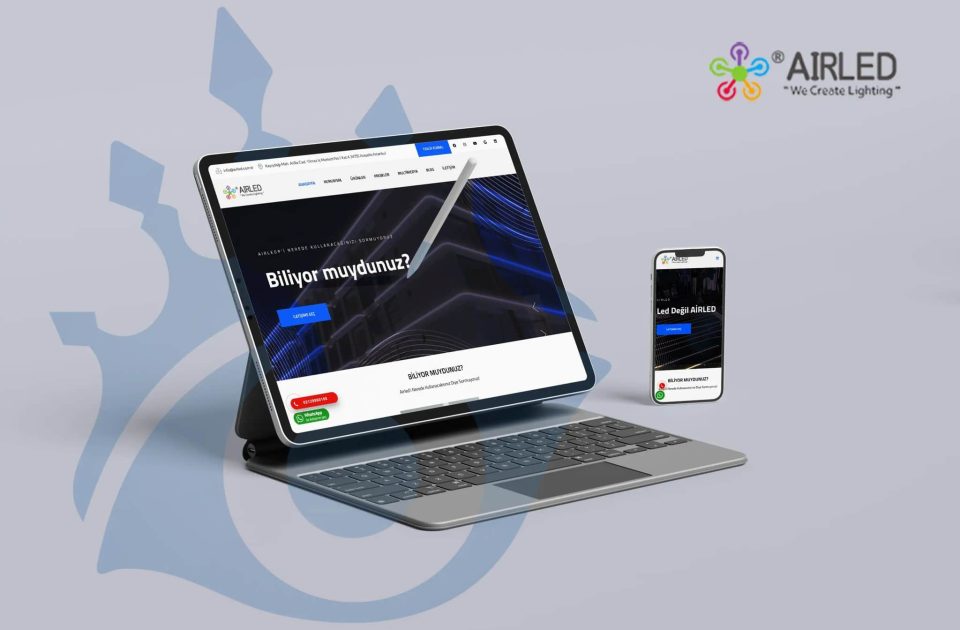 AirLED web sitesi tanıtım görseli – “Led Değil AiRLED” sloganı ile masaüstü ve mobil arayüz tablet ve telefonda gösteriliyor.