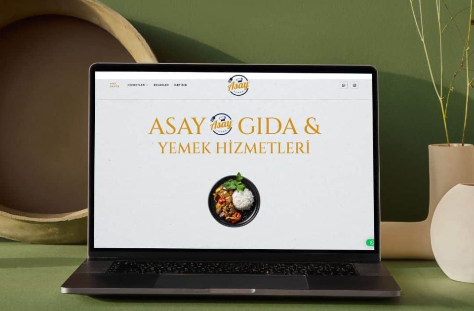 Asay Gıda ve Yemek Hizmetleri web sitesi tanıtım görseli – masaüstü ekranda yemek hizmetleri ana sayfası gösteriliyor.