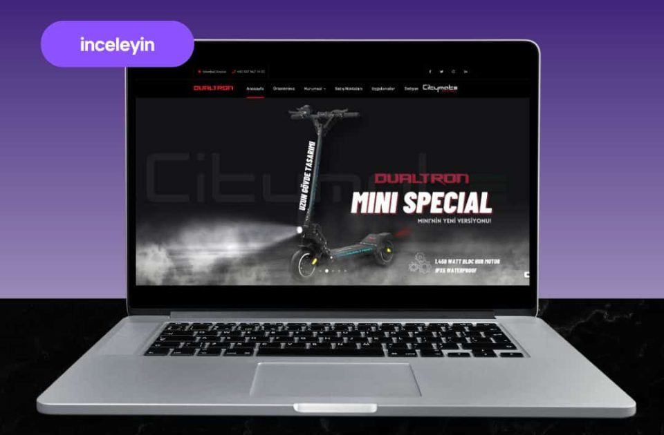 Dualtron tamamlanan web tasarım projesi – elektrikli scooter tanıtım sitesi laptop ekranında görüntüleniyor.