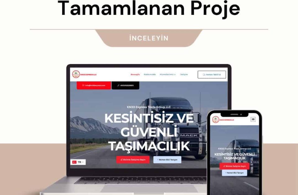 KN33 Express taşımacılık web sitesi tanıtım görseli – tır ve yol temalı ekran masaüstü ve mobil cihazlarda gösteriliyor.