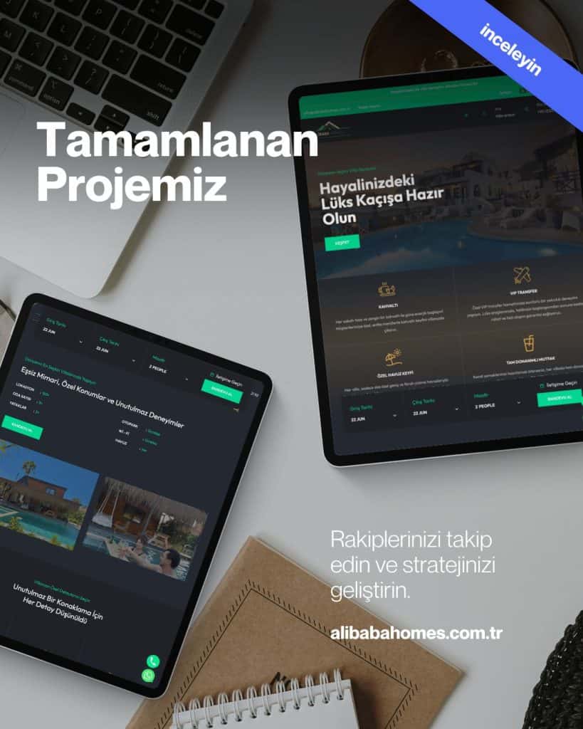 alibaba homes lüks konaklama web sitesi tanıtım görseli – tablet ekranlarında rezervasyon ve villa detayları arayüzü gösteriliyor.