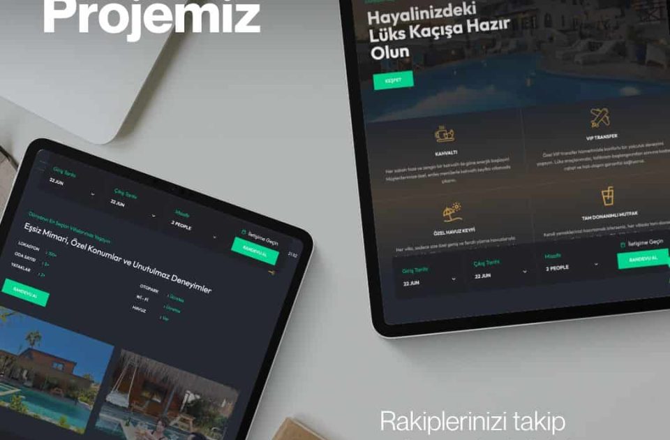 Alibaba Homes lüks konaklama web sitesi tanıtım görseli – tablet ekranlarında rezervasyon ve villa detayları arayüzü gösteriliyor.