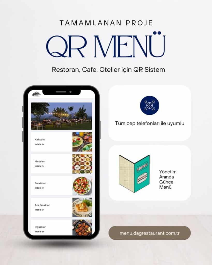 qr menü projesi tanıtım görseli – telefon ekranında dijital restoran menüsü ve bilgilendirici ikonlar.