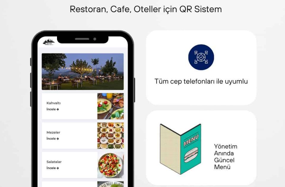 QR Menü projesi tanıtım görseli – telefon ekranında dijital restoran menüsü ve bilgilendirici ikonlar.