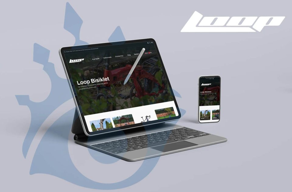Loop Bisiklet kurumsal web sitesi tanıtım görseli – tablet ve mobil cihazda bisiklet galerisi ve ürün sayfası arayüzü gösteriliyor.