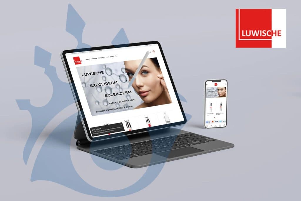 luwische kozmetik e-ticaret web sitesi tanıtım görseli – tablet ve mobil ekranda cilt bakım ürünleri vitrini görüntüleniyor.