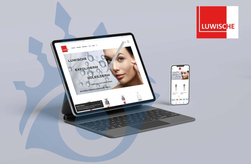 Luwische kozmetik e-ticaret web sitesi tanıtım görseli – tablet ve mobil ekranda cilt bakım ürünleri vitrini görüntüleniyor.