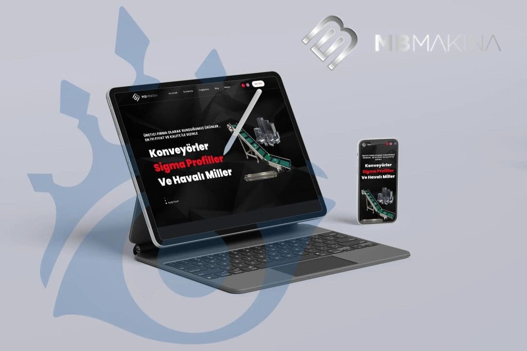 mb makina web sitesi tanıtım görseli – konveyör, sigma profil ve havalı miller içeren endüstriyel çözümler tablet ve mobil ekranda gösteriliyor.