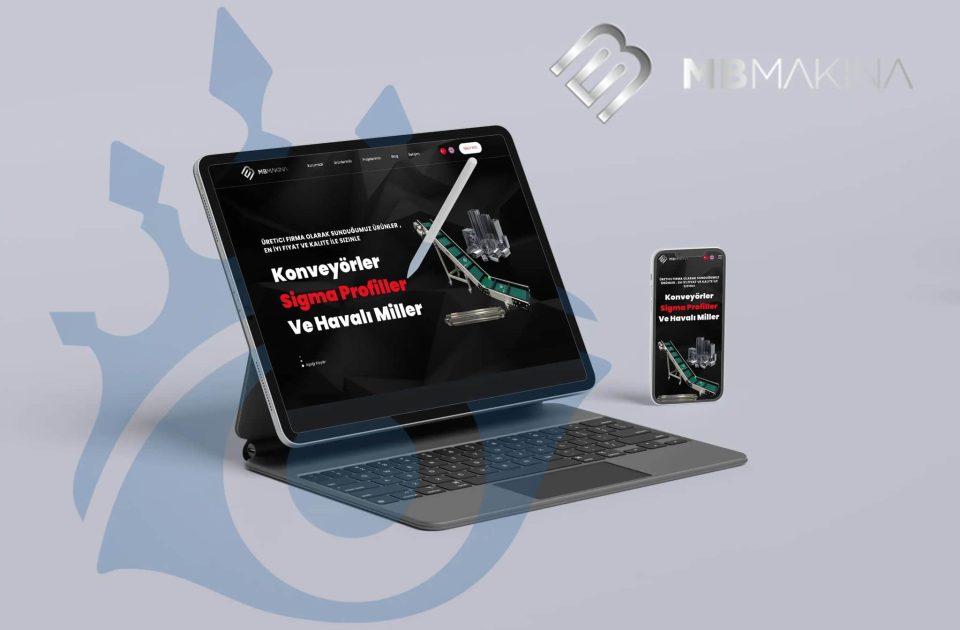 MB Makina web sitesi tanıtım görseli – konveyör, sigma profil ve havalı miller içeren endüstriyel çözümler tablet ve mobil ekranda gösteriliyor.