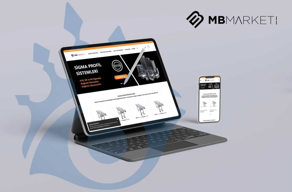 MB Market e-ticaret web sitesi tanıtım görseli – sigma profil sistemleri ürünleri tablet ve mobil ekranlarda gösteriliyor.